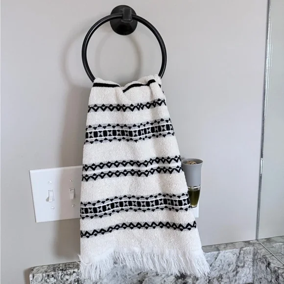 Black and White Shower Curtain with tassels on each end and accessories - Picture 3 of 3